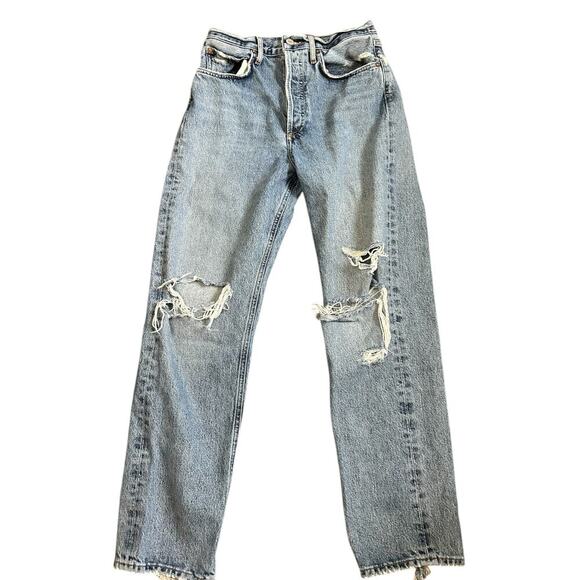 Agolde 90s High Rise Straight Jean Medium Indigo Knee Destruction Size 25 - Picture 1 of 13